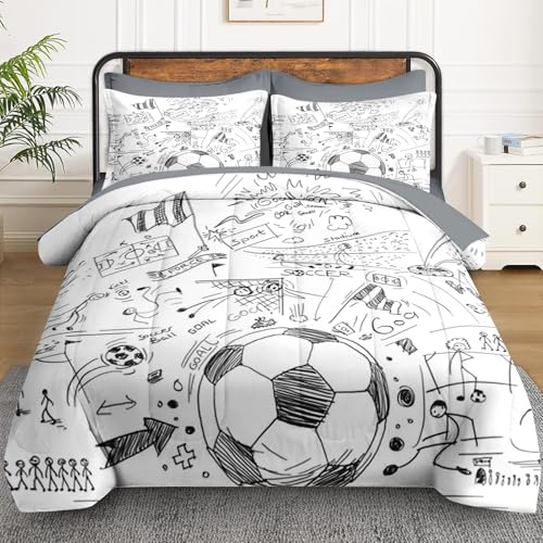 WeCozy 5 Pcs Twin Size Comforter Set with Pillowcase & Sham, Game Soccer Painting Bedding for Kids and Adults, Football Ball Cup Sport Bed in a Bag with Flat Fitted Sheet - Image 2