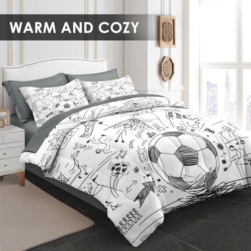 WeCozy 5 Pcs Twin Size Comforter Set with Pillowcase & Sham, Game Soccer Painting Bedding for Kids and Adults, Football Ball Cup Sport Bed in a Bag with Flat Fitted Sheet - Image 3
