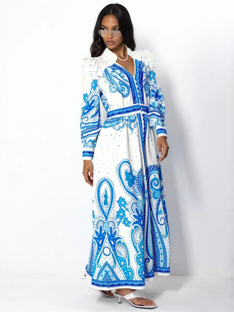 جينيفر V-Neck Paisley Maxi Dress with Slit