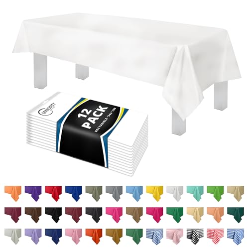 Grandipity 12 Pack Premium Disposable Plastic Tablecloth 54 Inch. x 108 Inch. with 0.3mm Thickness Table Cover - White - Image 1