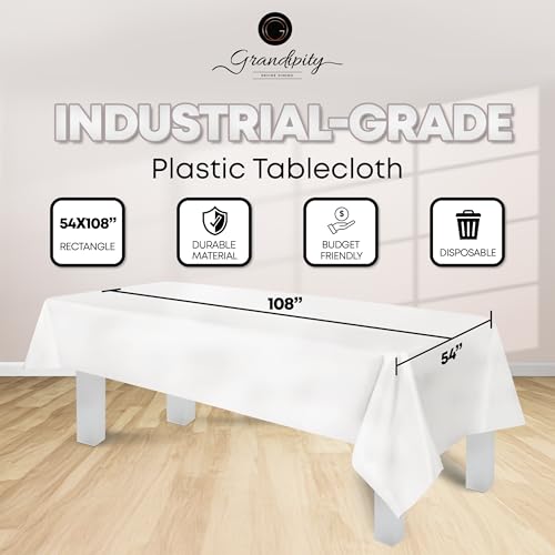 Grandipity 12 Pack Premium Disposable Plastic Tablecloth 54 Inch. x 108 Inch. with 0.3mm Thickness Table Cover - White - Image 2