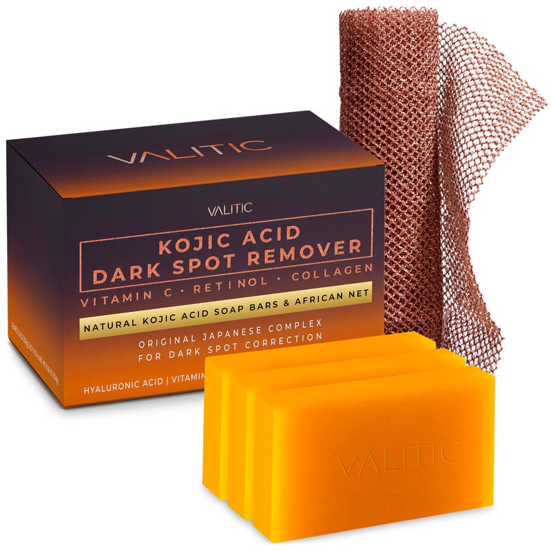 VALITIC Kojic Acid Dark Spot Remover Soap with Turmeric Vitamin C Retinol Original Japanese Complex with Hyaluronic Acid Vitamin E Shea Butter Castile Olive Oil 3 Pack and African Net Sponge