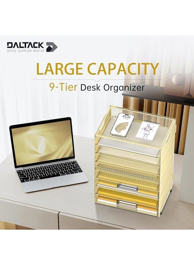 DALTACK 9-Tier Paper Letter Tray Desk Organizer with Handles, Mesh File Holder Organization, File Organizer for Desk Paper Sorter for Office Home School, Gold - Image 2