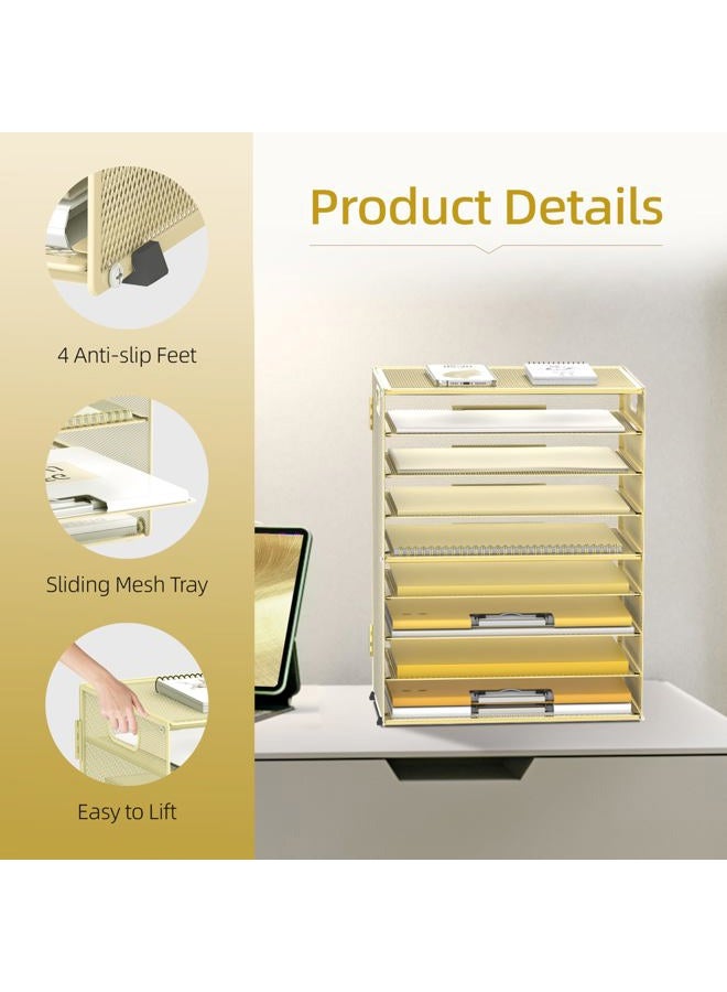 DALTACK 9-Tier Paper Letter Tray Desk Organizer with Handles, Mesh File Holder Organization, File Organizer for Desk Paper Sorter for Office Home School, Gold - Image 3