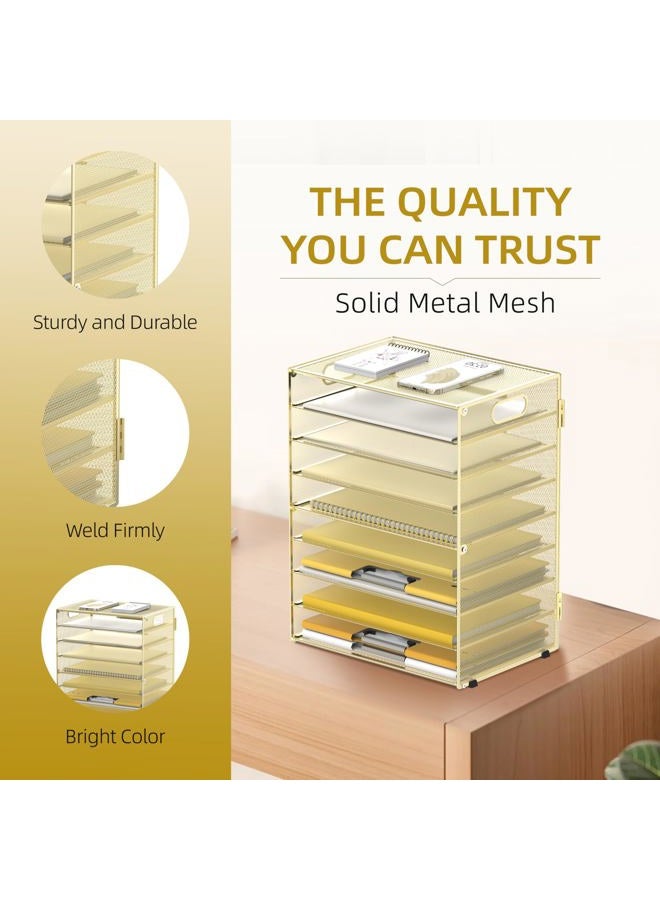 DALTACK 9-Tier Paper Letter Tray Desk Organizer with Handles, Mesh File Holder Organization, File Organizer for Desk Paper Sorter for Office Home School, Gold - Image 5