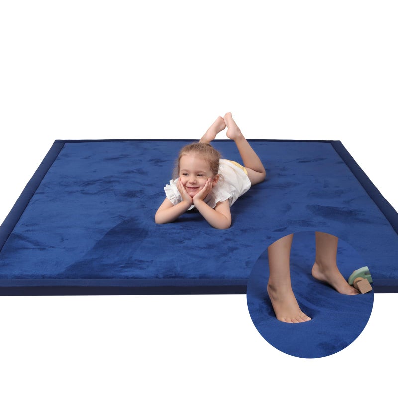 Huloo Sleep Baby Play Mat for Floor,1.3" Thick Elasti-Foam 50x50 Playpen Mat for Toddlers Infant Kids,Water-Repellent Soft Coral Velvet Tummy Time Non Slip Crawling,Tatami(Dark Blue) - Image 1