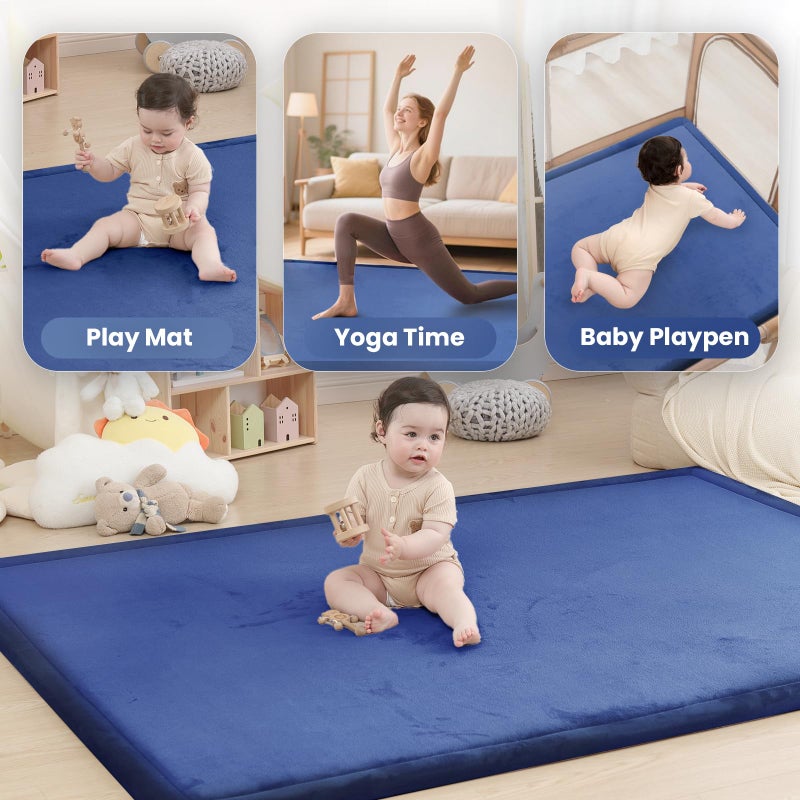 Huloo Sleep Baby Play Mat for Floor,1.3" Thick Elasti-Foam 50x50 Playpen Mat for Toddlers Infant Kids,Water-Repellent Soft Coral Velvet Tummy Time Non Slip Crawling,Tatami(Dark Blue) - Image 5