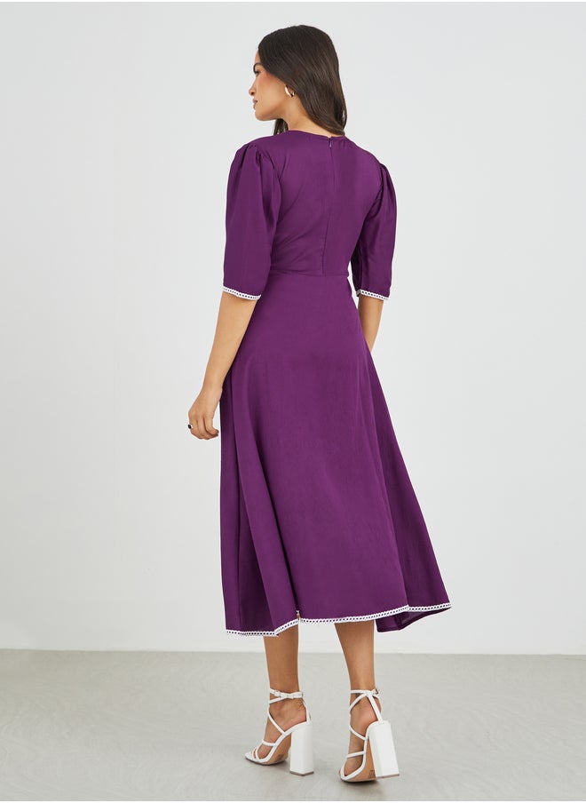 Maxim Creation Maxim Creation Solid Boat Neck A-Line Dress with Lace Trim  - Image 5