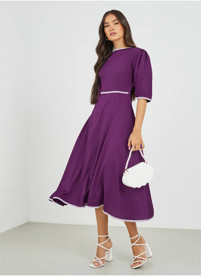 مكسيم كريشن Maxim Creation Solid Boat Neck A-Line Dress with Lace Trim
