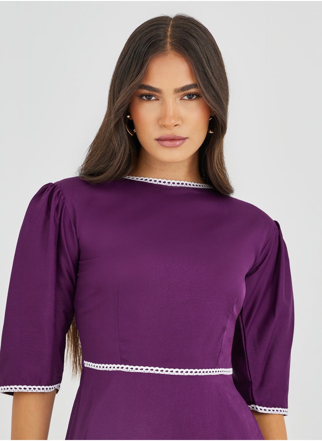 Maxim Creation Maxim Creation Solid Boat Neck A-Line Dress with Lace Trim  - Image 4