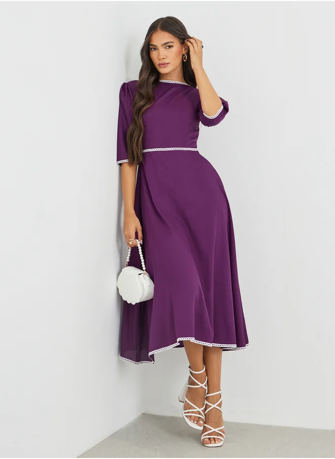 مكسيم كريشن Maxim Creation Solid Boat Neck A-Line Dress with Lace Trim