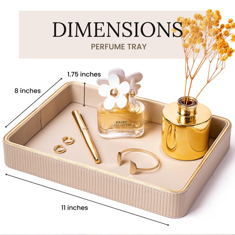 ZHEM Perfume Tray Valet Tray NightStand Bedside Organizer| Perfume Organizer Holder| Decorative Perfume Trays| Leather Vanity Tray Catchall Trinket Tray (Beige 8"x11"x1.75") - Image 2