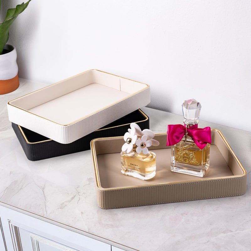 ZHEM Perfume Tray Valet Tray NightStand Bedside Organizer| Perfume Organizer Holder| Decorative Perfume Trays| Leather Vanity Tray Catchall Trinket Tray (Beige 8"x11"x1.75") - Image 4