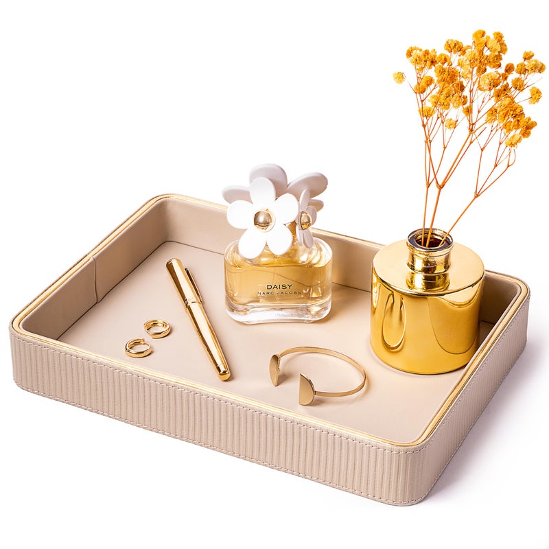ZHEM Perfume Tray Valet Tray NightStand Bedside Organizer| Perfume Organizer Holder| Decorative Perfume Trays| Leather Vanity Tray Catchall Trinket Tray (Beige 8"x11"x1.75") - Image 1