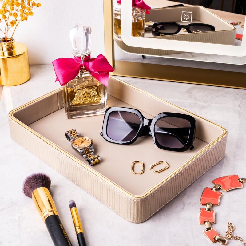 ZHEM Perfume Tray Valet Tray NightStand Bedside Organizer| Perfume Organizer Holder| Decorative Perfume Trays| Leather Vanity Tray Catchall Trinket Tray (Beige 8"x11"x1.75") - Image 3