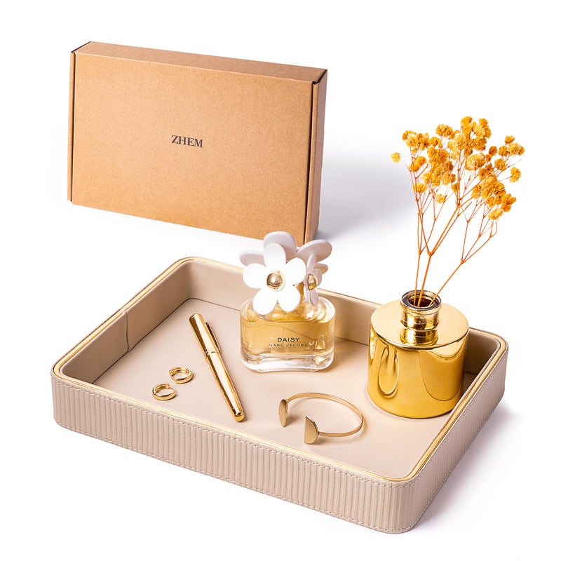 ZHEM Perfume Tray Valet Tray NightStand Bedside Organizer| Perfume Organizer Holder| Decorative Perfume Trays| Leather Vanity Tray Catchall Trinket Tray (Beige 8"x11"x1.75") - Image 5