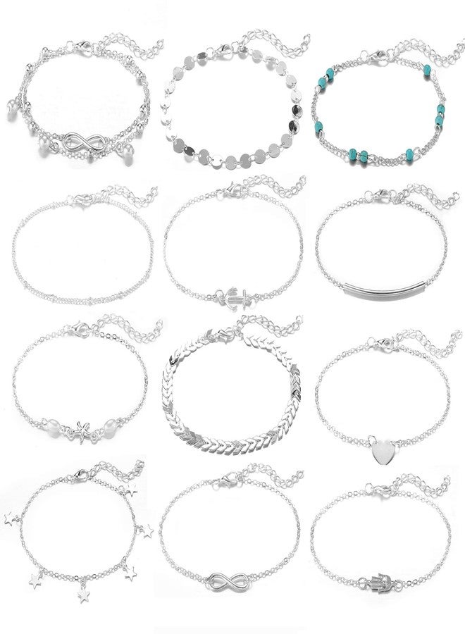 Softones 12Pcs Ankle Bracelets for Women Gold Silver Two Style Chain Beach Anklet Bracelet Jewelry Anklet Set,Adjustable Size - Image 1