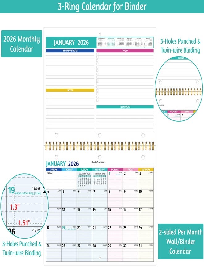 BowCuk 2026 Calendar - 2026 Wall Calendar, 11 x 8.5 In, Jan 2026 - Dec 2026, Small Monthly Calendar 2026, 3-Hole Punched Binder Calendar with Memo Pages, Ruled Blocks, Thick Paper, Holidays, To-dos ＆ Notes - Image 4