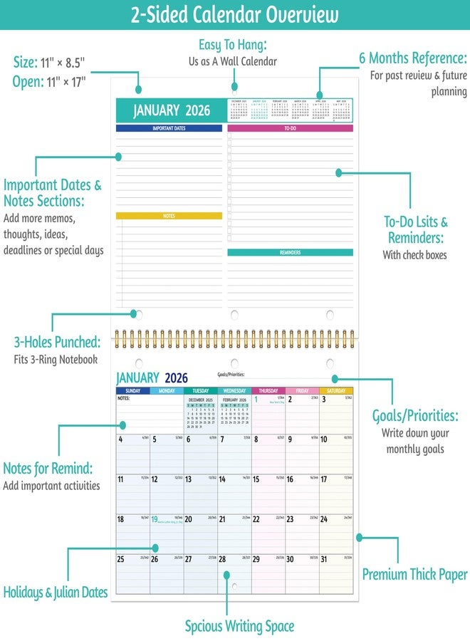 BowCuk 2026 Calendar - 2026 Wall Calendar, 11 x 8.5 In, Jan 2026 - Dec 2026, Small Monthly Calendar 2026, 3-Hole Punched Binder Calendar with Memo Pages, Ruled Blocks, Thick Paper, Holidays, To-dos ＆ Notes - Image 3