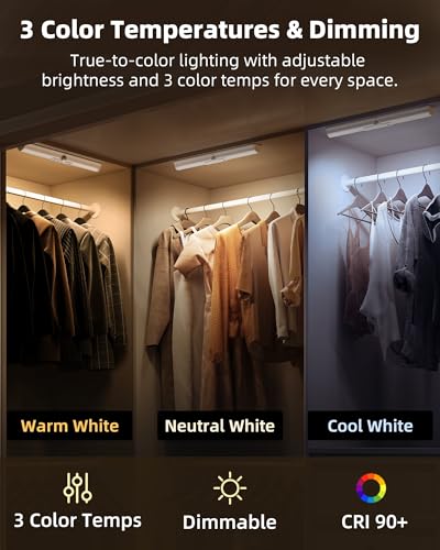 EZVALO 13-inch Motion Sensor Closet Lights, 1800mAh Rechargeable Battery Lights with Rotatable Sensor, Glare-Free, 3 Color Temps & Dimmable Cabinet Lights for Closet, Pantry, Wardrobe - 2 Pack - Image 5