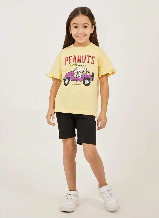 ستايلي Peanuts Printed Oversized T-Shirt with Ruffled Detail