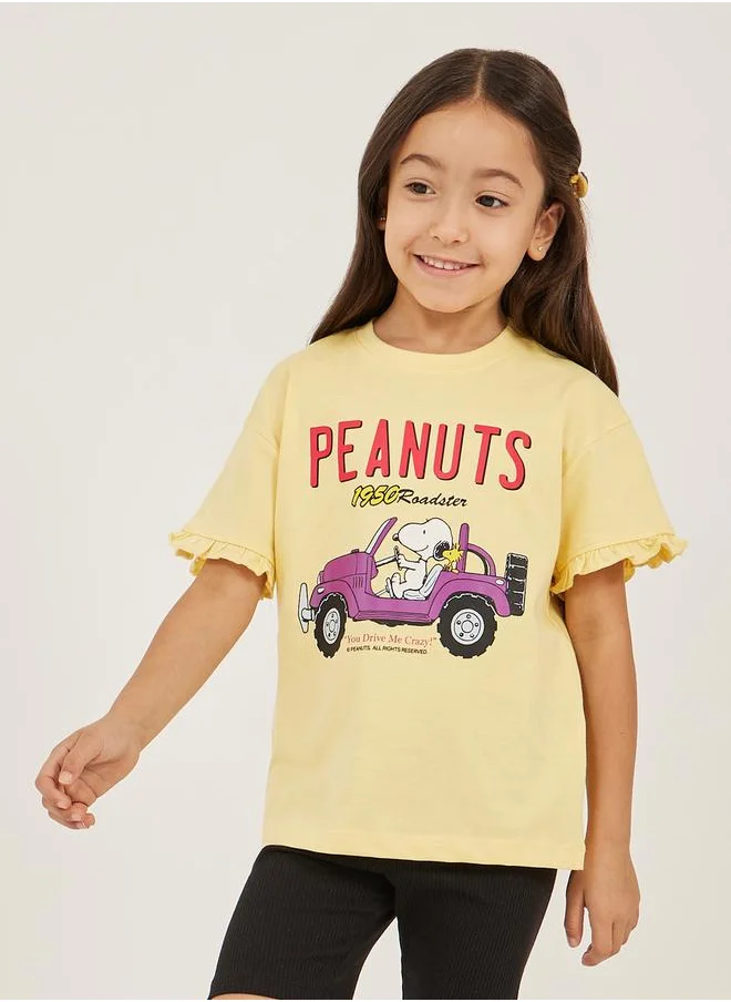 ستايلي Peanuts Printed Oversized T-Shirt with Ruffled Detail
