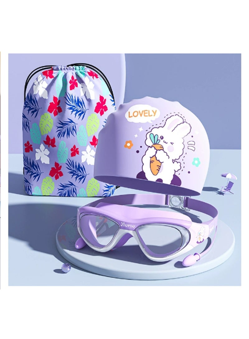 YouYou Kids Swim Goggles with Swim Cap, Waterproof Swim Cap Anti-Fog Clear Wide View Swimming Goggles with Ear Plugs for Kids 6-14(purple) - Image 1