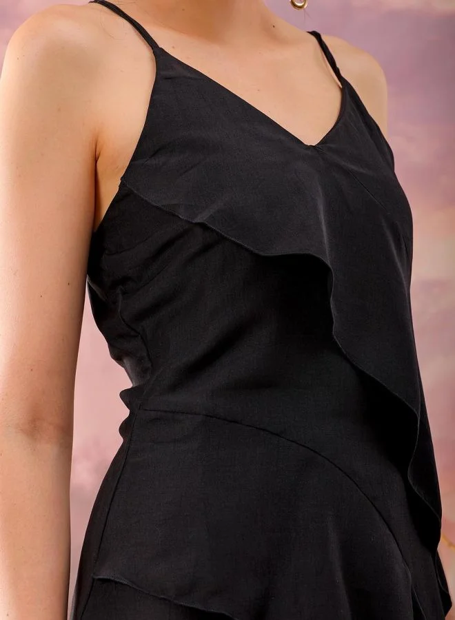 Freehand Women Flared Casual Solid Ruffle Dress