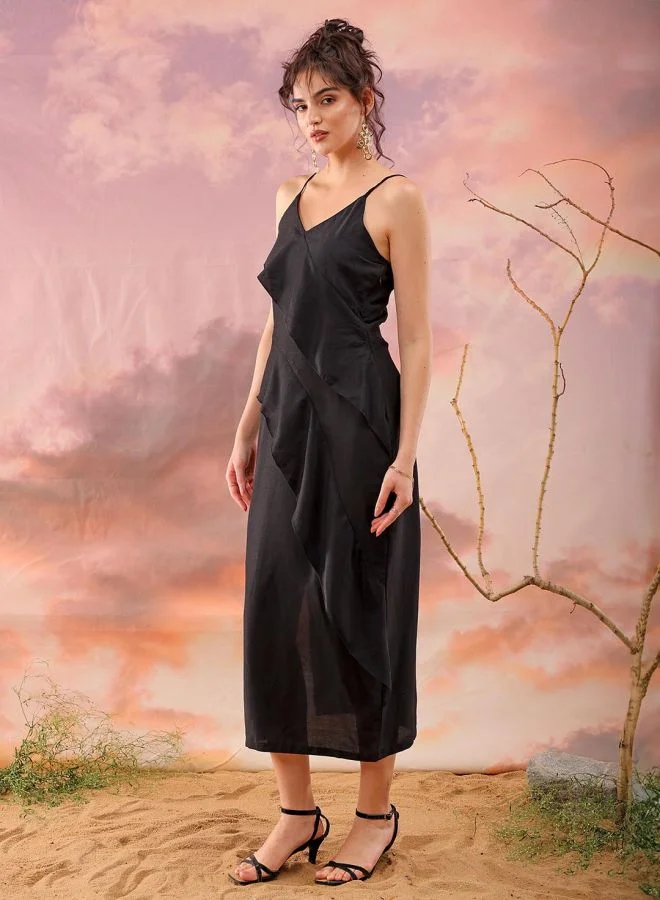 Freehand Women Flared Casual Solid Ruffle Dress