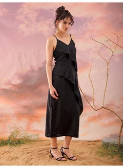 Freehand Women Casual Flared Solid Ruffles V-Neck Long Length Ruffle Dress 