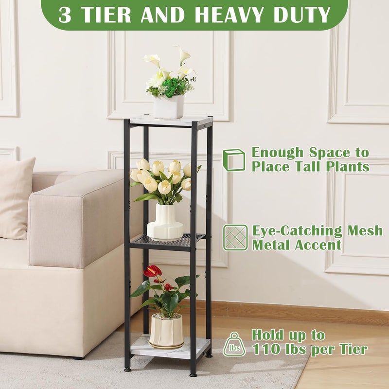 Dipion Extra Tall Plant Stand Indoor,40 Inch Plant Stands,3 Tier Metal Plant Stand with Heavy Duty Wood and Metal Mesh Shelf,Marble White and Black - Image 4