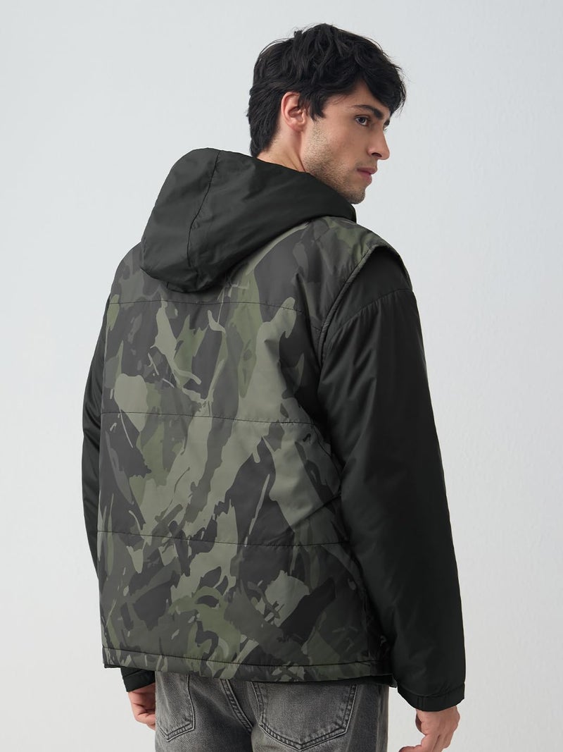 The Souled Store Detachable Jacket: Street Combat Men and Boys Full Sleeves Hooded Neck Camouflage Printed Polyester Regular Fit Lightweight Detachable Hood Bomber Jacket - Image 3