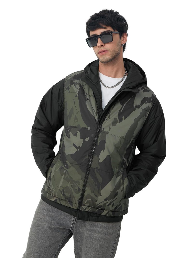 The Souled Store Detachable Jacket: Street Combat Men and Boys Full Sleeves Hooded Neck Camouflage Printed Polyester Regular Fit Lightweight Detachable Hood Bomber Jacket - Image 1