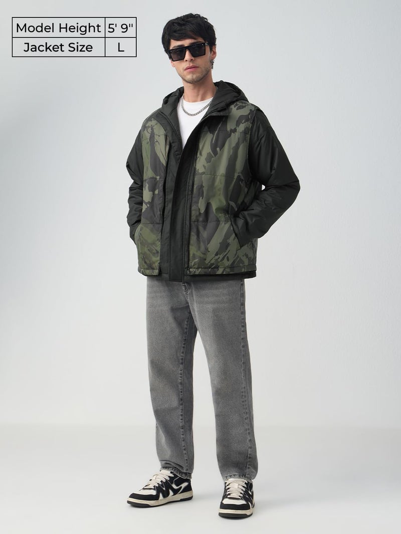 The Souled Store Detachable Jacket: Street Combat Men and Boys Full Sleeves Hooded Neck Camouflage Printed Polyester Regular Fit Lightweight Detachable Hood Bomber Jacket - Image 2