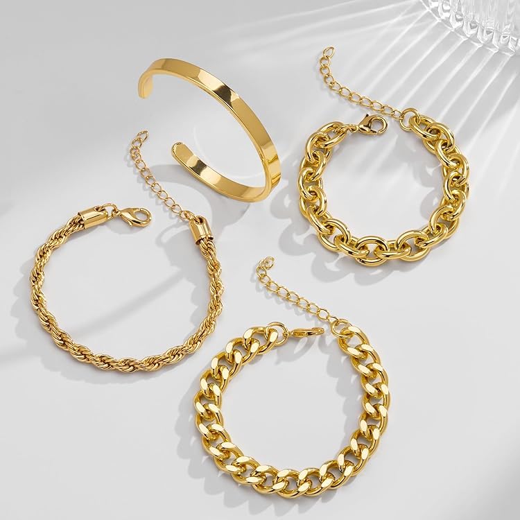 Gokeey Chunky Gold Bracelets Stack for Women Non Tarnish, Waterproof 14K Gold Plated Thick Bangle Cuff Bracelet Stackable Layered Cuban Link Chain Paperclip Rope Bracelet Set for Women Trendy Fashion Jewelry Gifts - Image 5