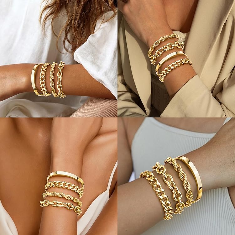 Gokeey Chunky Gold Bracelets Stack for Women Non Tarnish, Waterproof 14K Gold Plated Thick Bangle Cuff Bracelet Stackable Layered Cuban Link Chain Paperclip Rope Bracelet Set for Women Trendy Fashion Jewelry Gifts - Image 2
