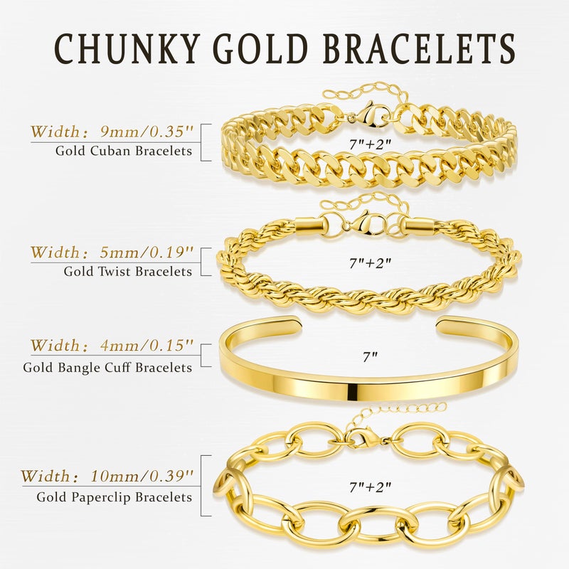 Gokeey Chunky Gold Bracelets Stack for Women Non Tarnish, Waterproof 14K Gold Plated Thick Bangle Cuff Bracelet Stackable Layered Cuban Link Chain Paperclip Rope Bracelet Set for Women Trendy Fashion Jewelry Gifts - Image 3