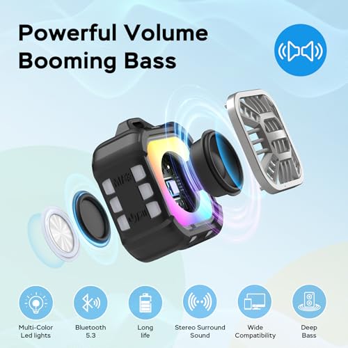 INSMY IP67 Waterproof Bluetooth Speaker, Shower Speaker Portable Small Clip-on, Multi Sync 100+ Speakers, Big Volume Booming Bass, 24H Playtime/Floatable/RGB Lights for Outdoor/Kayak/Beach (Black) - Image 4