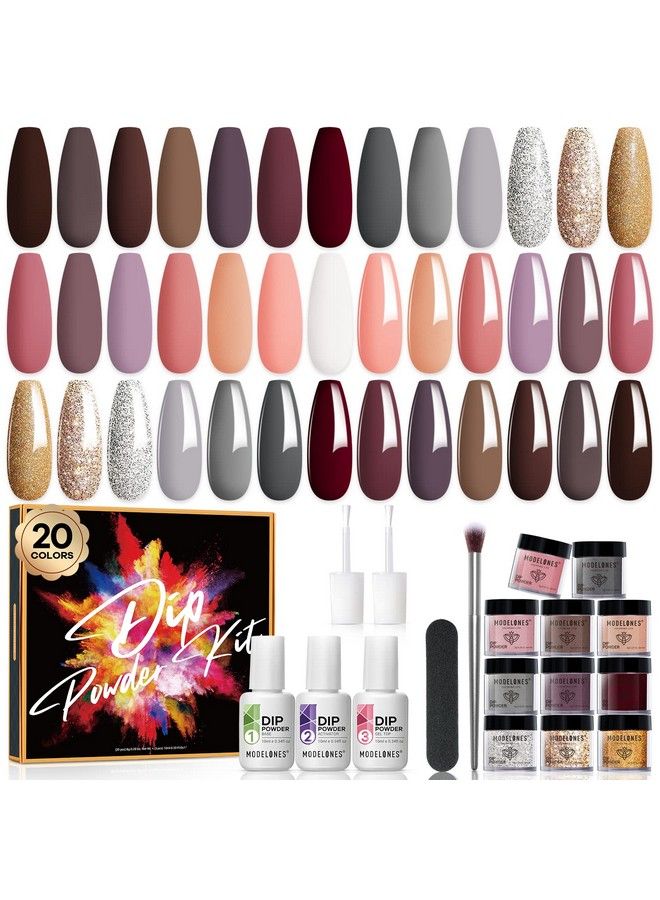 modelones 20 Colors Dip Powder Nail Kit Starter Nude Brown Pink Dip Nail Kit For Beginner Dipping Powder Set Kit With Dip Liquid Base&Top Coat Activator Brush Saver For French Nail Art Diy And Salon Use - Image 2