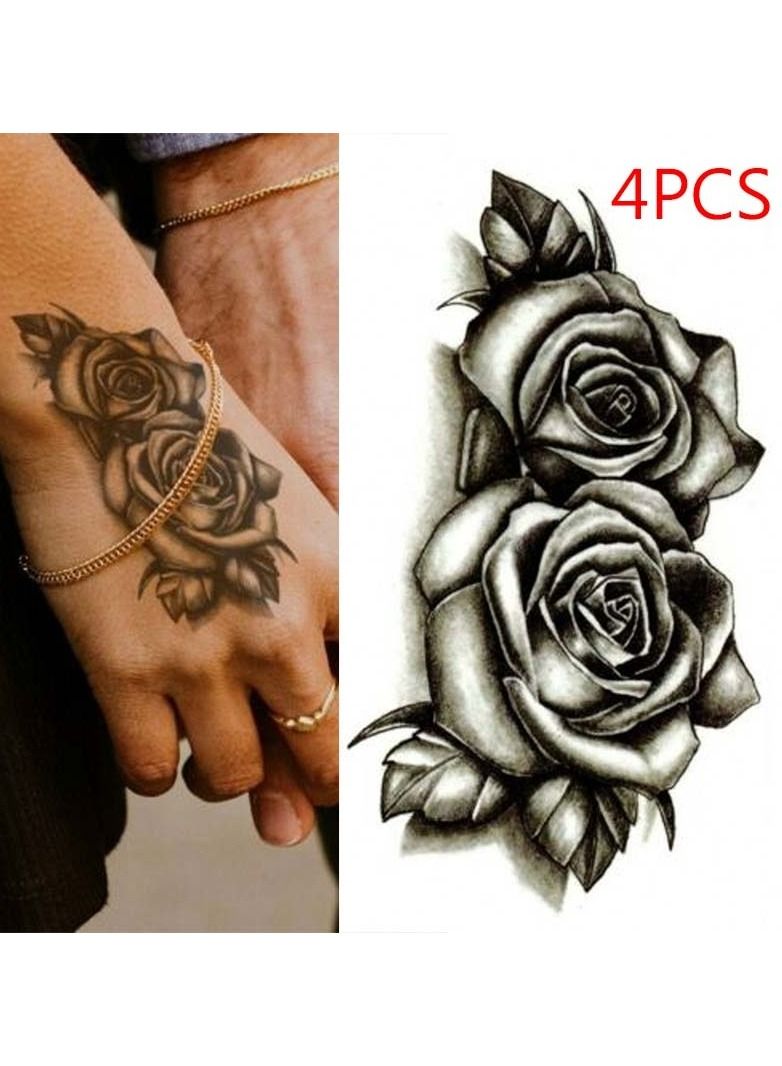 4 Pieces Temporary Tattoo Black Double Rose  Art Sticker Waterproof - Image 1