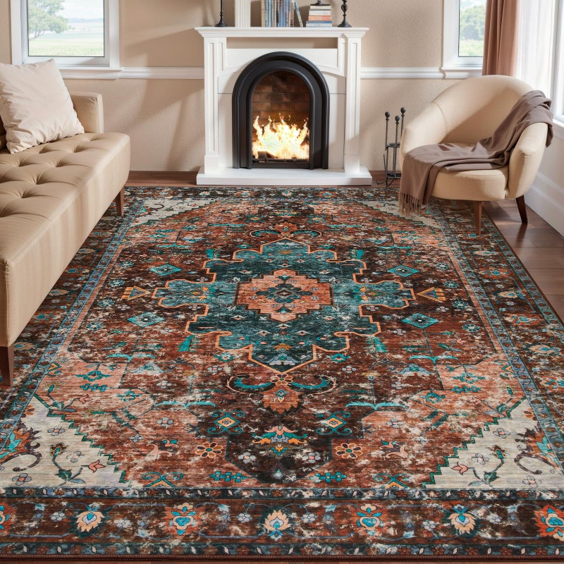 Ciicool Vintage Area Rug 8'x10' Oriental Print Rugs for Bedroom, Living Room, Under Table, Office, Entryway - Brick Red/Dull Teal - Image 1