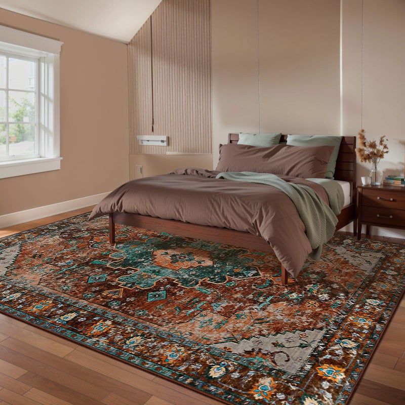 Ciicool Vintage Area Rug 8'x10' Oriental Print Rugs for Bedroom, Living Room, Under Table, Office, Entryway - Brick Red/Dull Teal - Image 2