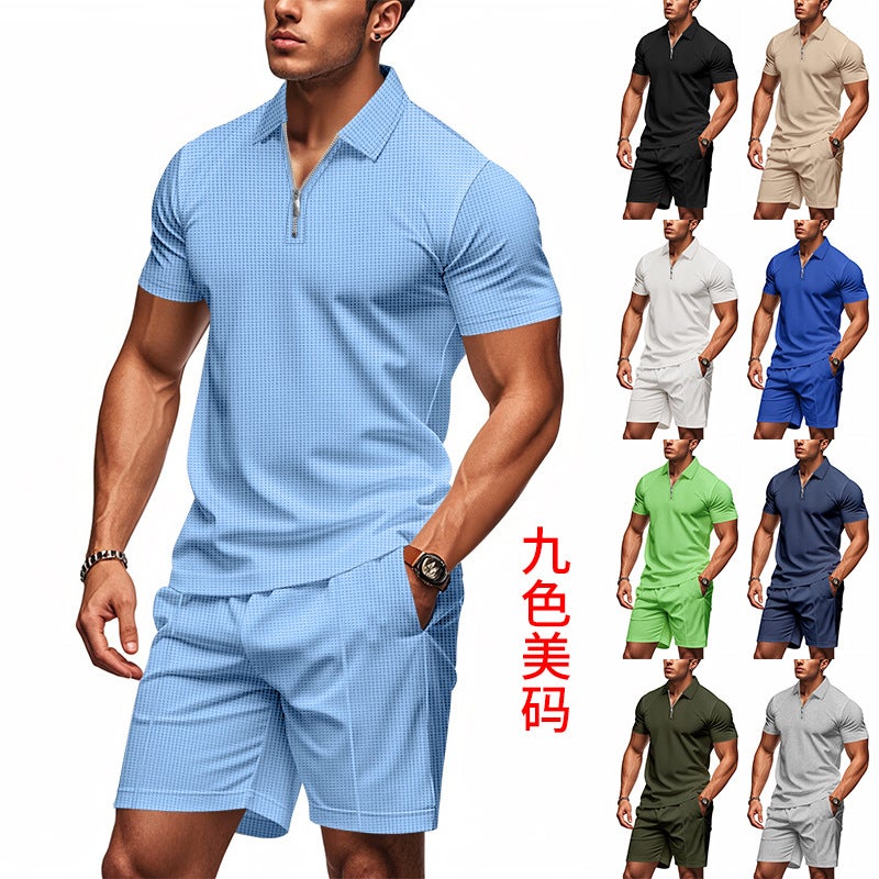 2026 Summer Men's Waffle Polo Short Sleeve Shorts Set - Image 5