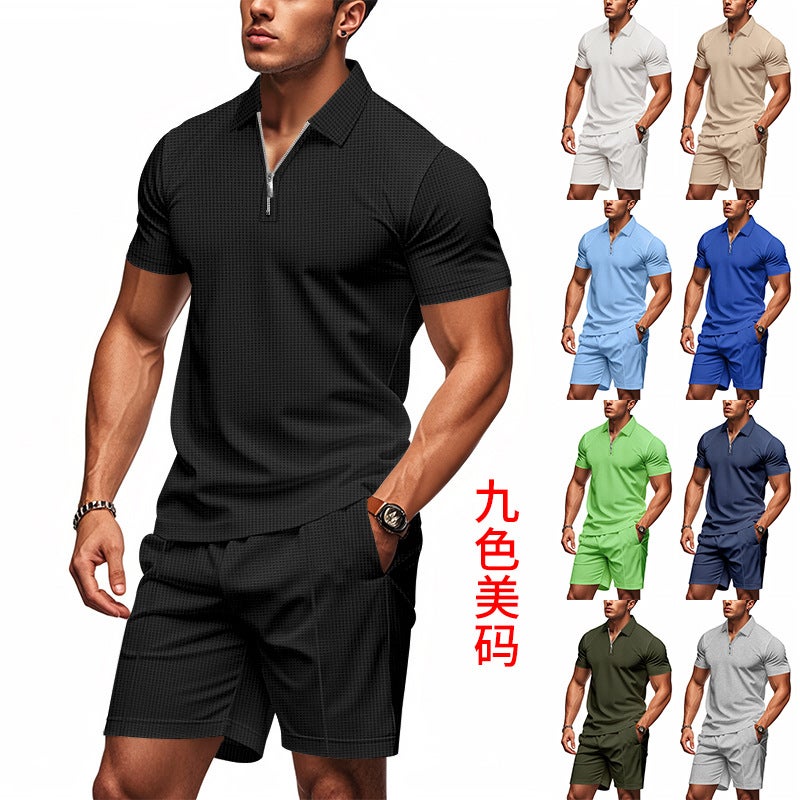 2026 Summer Men's Waffle Polo Short Sleeve Shorts Set - Image 2