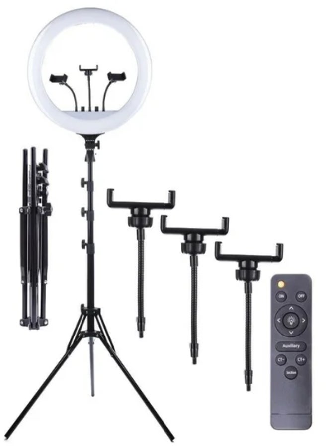 MUDISO 18 Inch Ring Light Tripod Mount Live Broadcast Dual Phone Bracket RL-18 White - Image 1