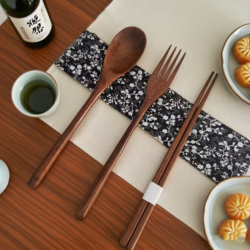 Set Of 3 Japanese Wooden Utensils Spoon Chopsticks And Fork With Morning Glory Bag Lightweight Durable Handcrafted Picnic Camping Travel Family Use Christmas Gift - Image 1