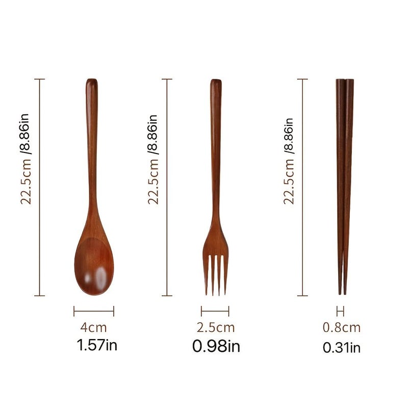 Set Of 3 Japanese Wooden Utensils Spoon Chopsticks And Fork With Morning Glory Bag Lightweight Durable Handcrafted Picnic Camping Travel Family Use Christmas Gift - Image 3