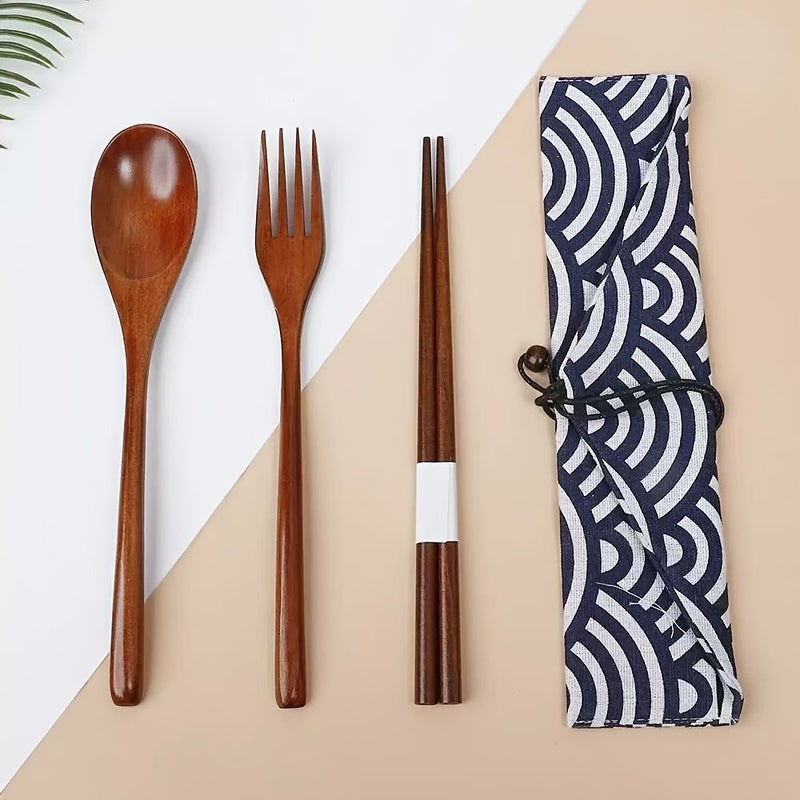 Set Of 3 Japanese Wooden Utensils Spoon Chopsticks And Fork With Morning Glory Bag Lightweight Durable Handcrafted Picnic Camping Travel Family Use Christmas Gift - Image 5