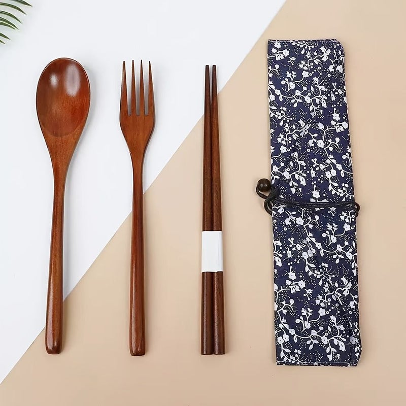 Set Of 3 Japanese Wooden Utensils Spoon Chopsticks And Fork With Morning Glory Bag Lightweight Durable Handcrafted Picnic Camping Travel Family Use Christmas Gift - Image 2