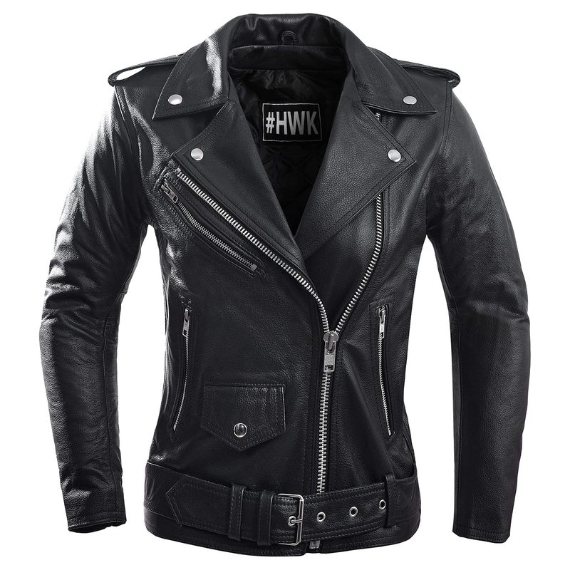 HWK Brando Women's Leather Motorcycle Jacket â€“ Durable, Classic Black with Polyester Thermal Lining & Stylish Vintage Design for All-Season Riding, Medium - Image 1